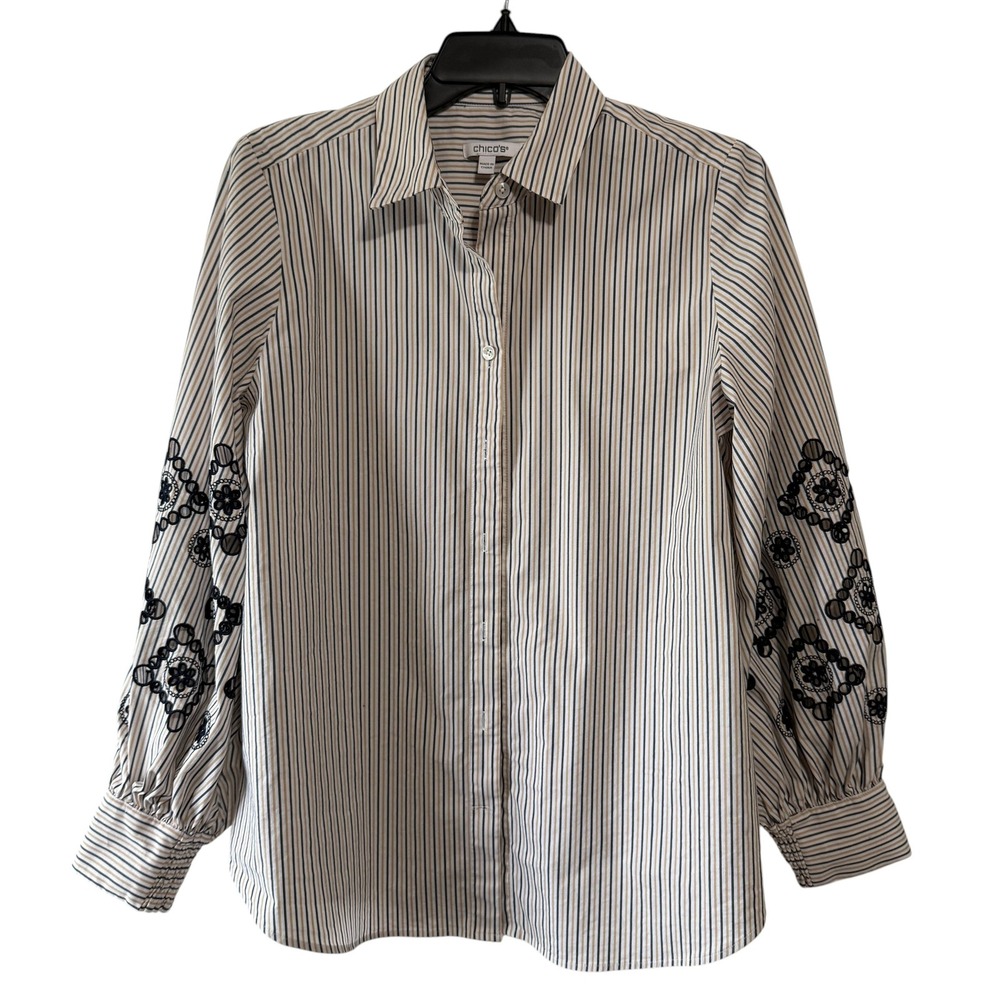 Chico's Striped Button Down Shirt Embroidered Sleeve Blouse Women's